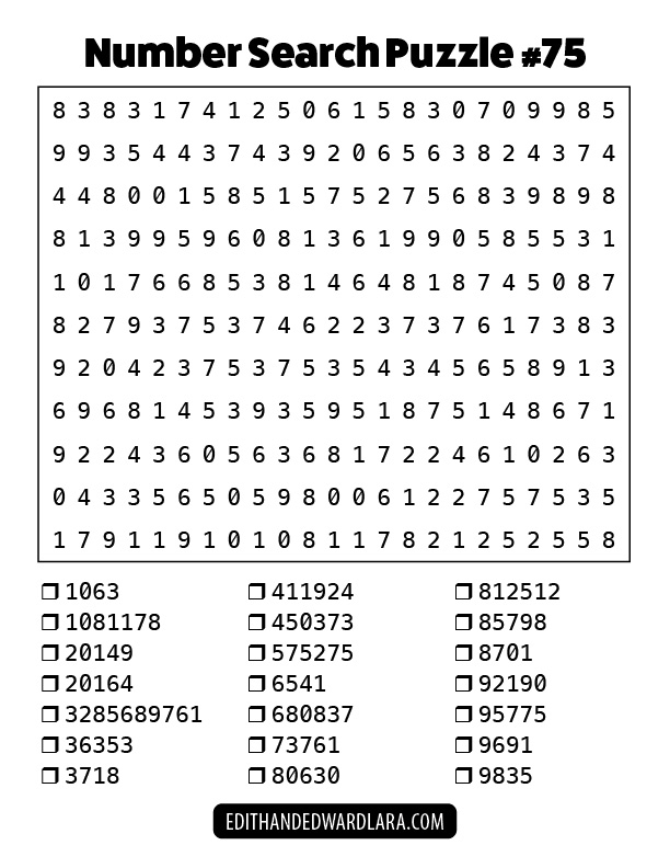 Number Search Puzzle Number 75