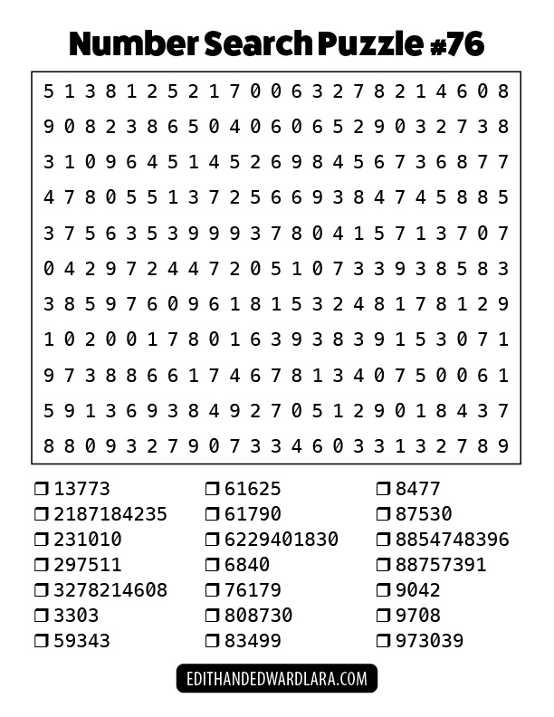 Number Search Puzzle Number 76