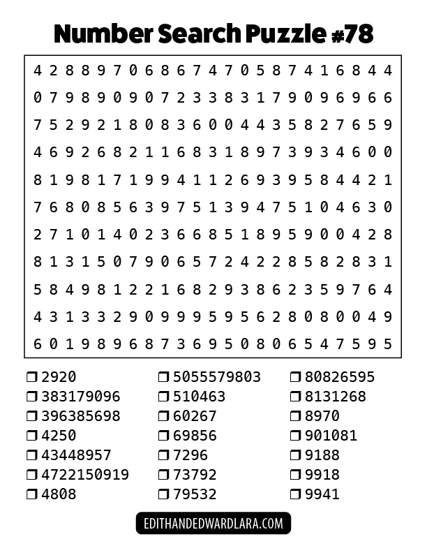 Number Search Puzzle Number 78