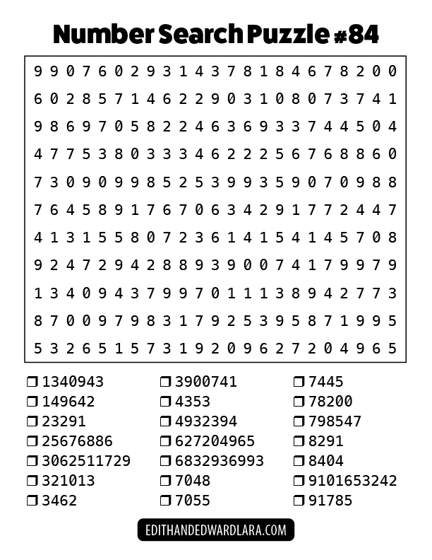 Number Search Puzzle Number 84