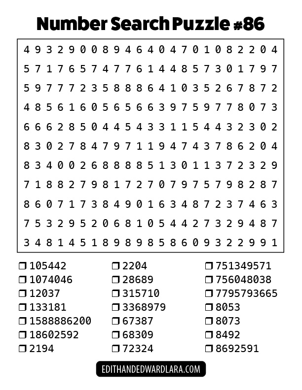 Number Search Puzzle Number 86