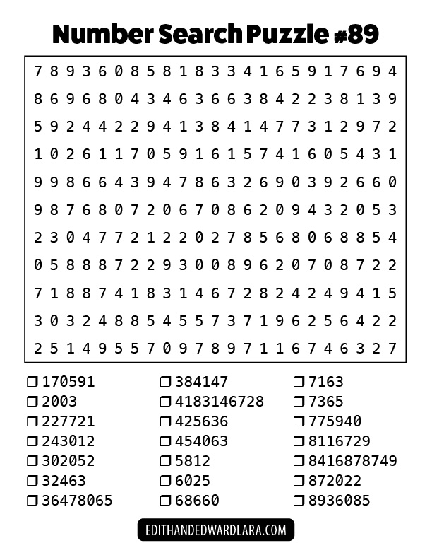 Number Search Puzzle Number 89