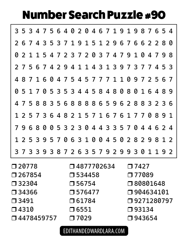 Number Search Puzzle Number 90