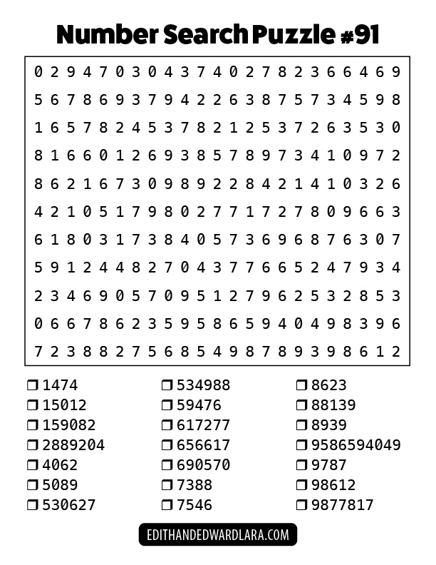 Number Search Puzzle Number 91