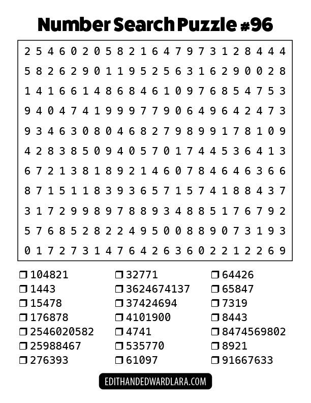 Number Search Puzzle Number 96
