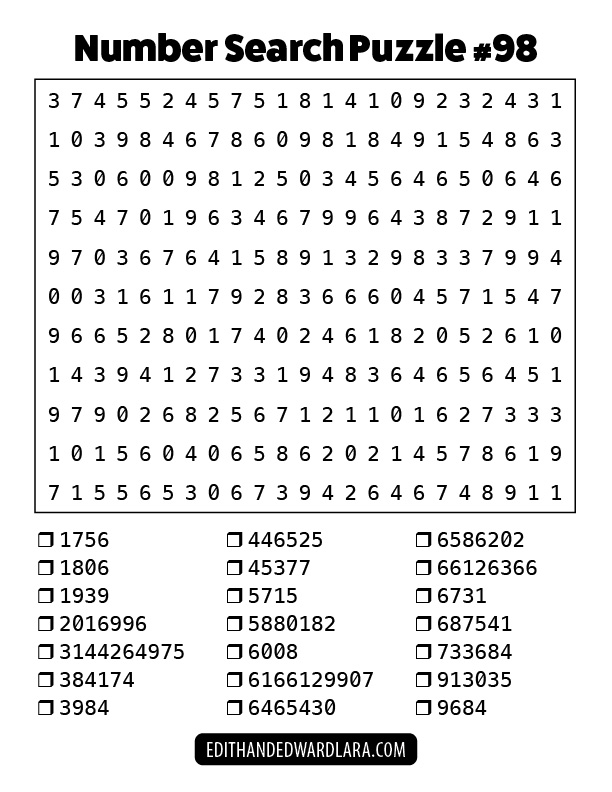Number Search Puzzle Number 98