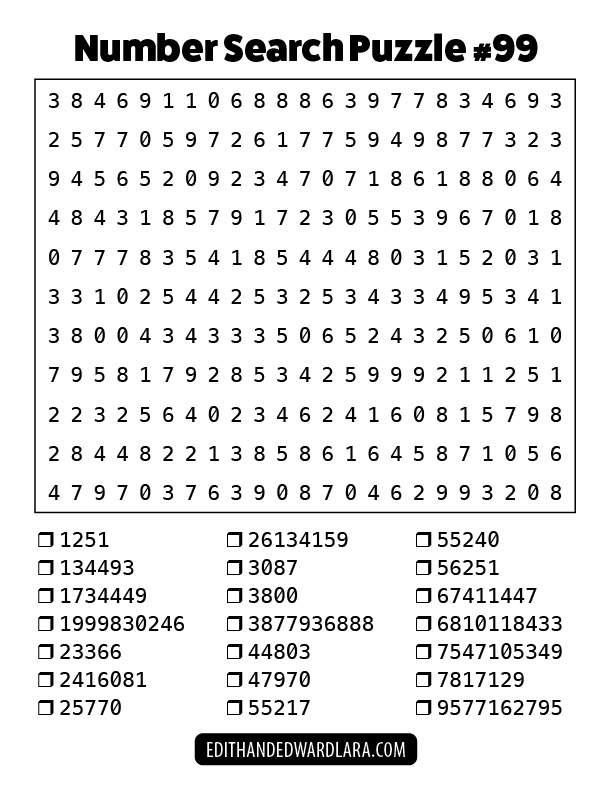 Number Search Puzzle Number 99