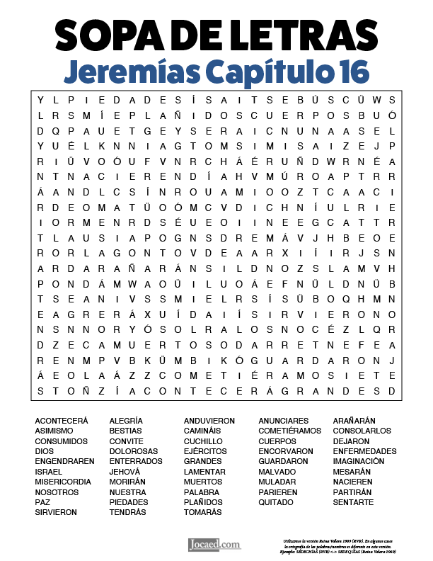Sopa de Letras - Jeremías Cápitulo 16