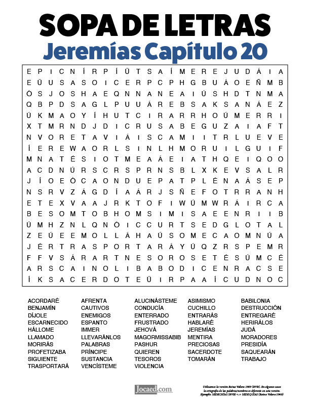 Sopa de Letras - Jeremías Cápitulo 20